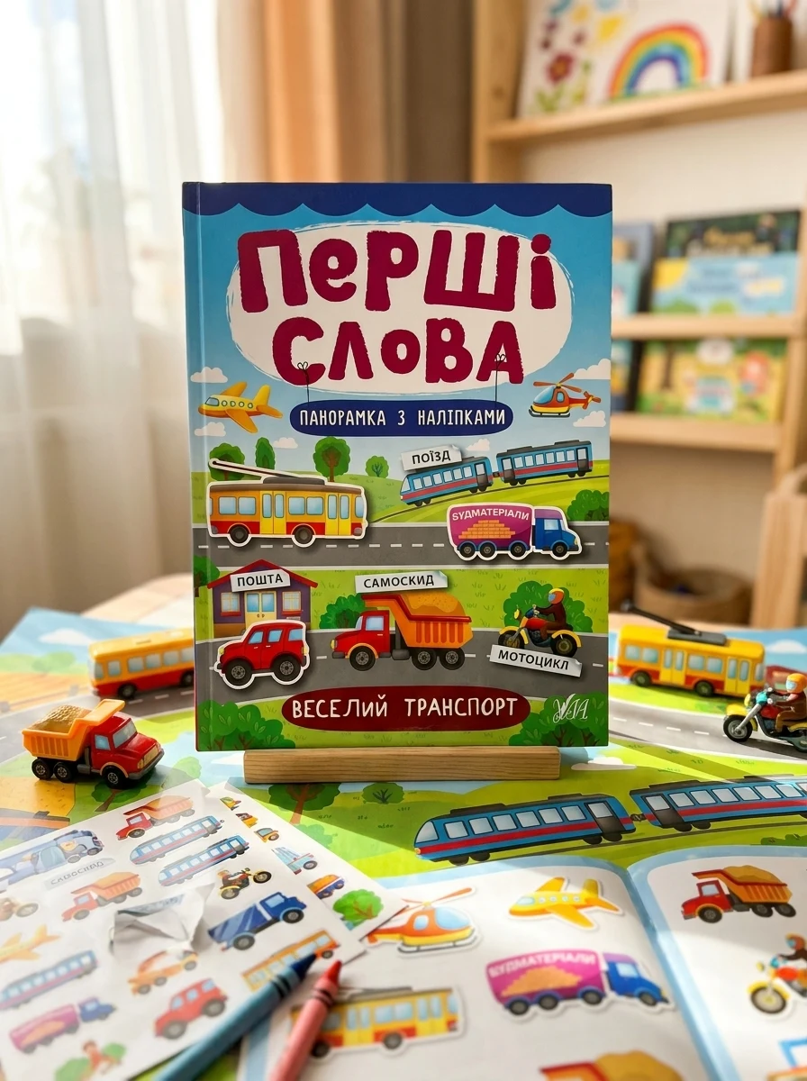 Перші слова. Веселий транспорт. Панорамка за наліпками — фото 2
