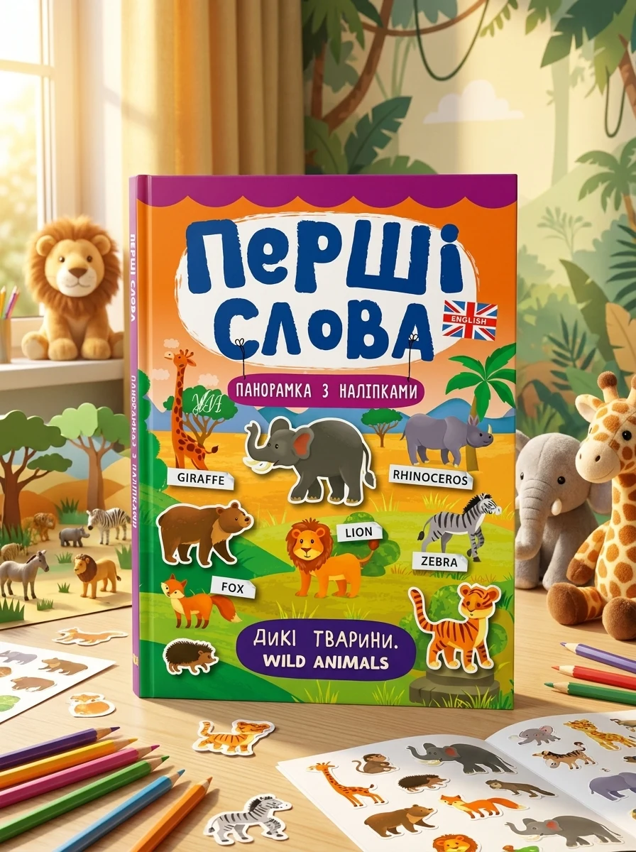Перші слова. Wild Animals. Дикі тварини. Панорамка за наліпками — фото 2