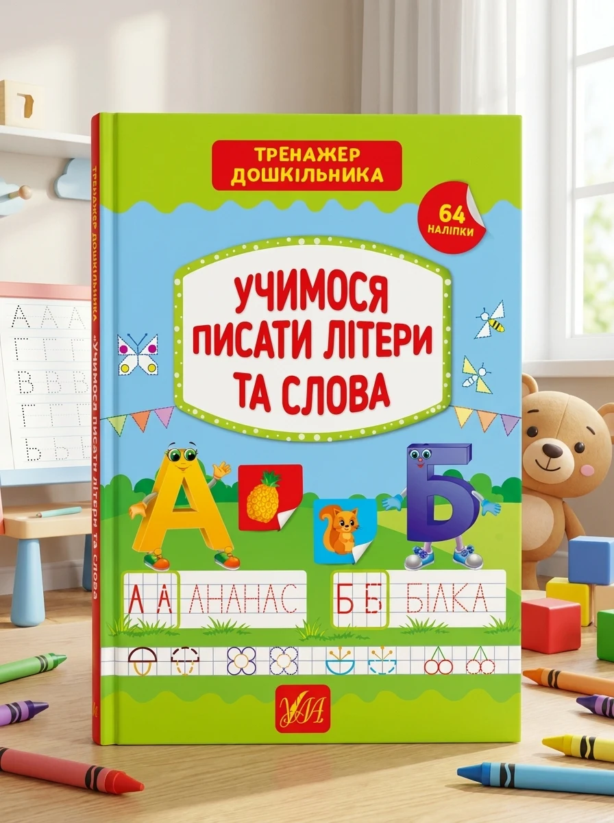 Учимося писати літери та слова. Тренажер дошкільника. 64 наліпки | купити книгу онлайн