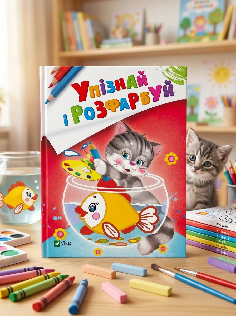Упізнай і розфарбуй. Кіт і рибка — Розмальовки для дітей