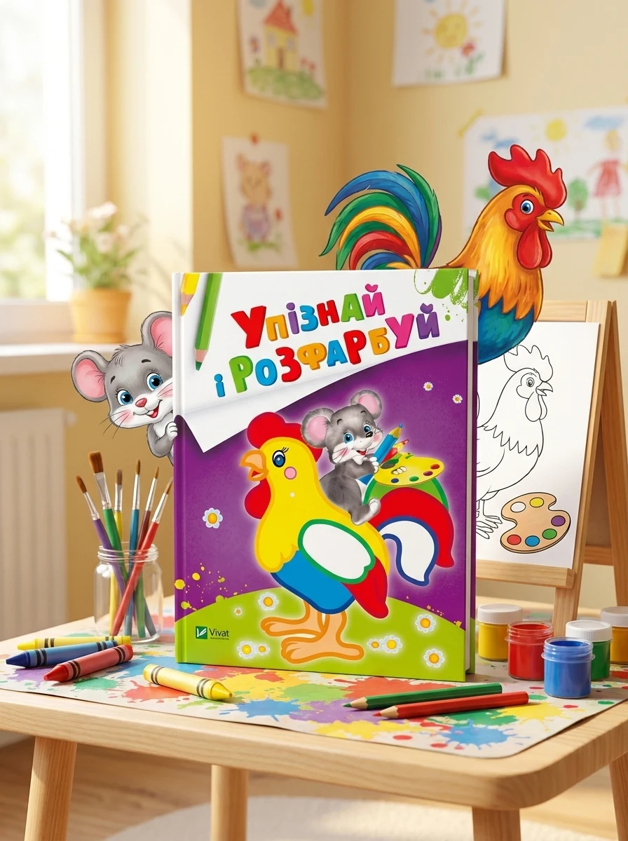 Упізнай і розфарбуй. Мишеня і півник — Розмальовки для дітей
