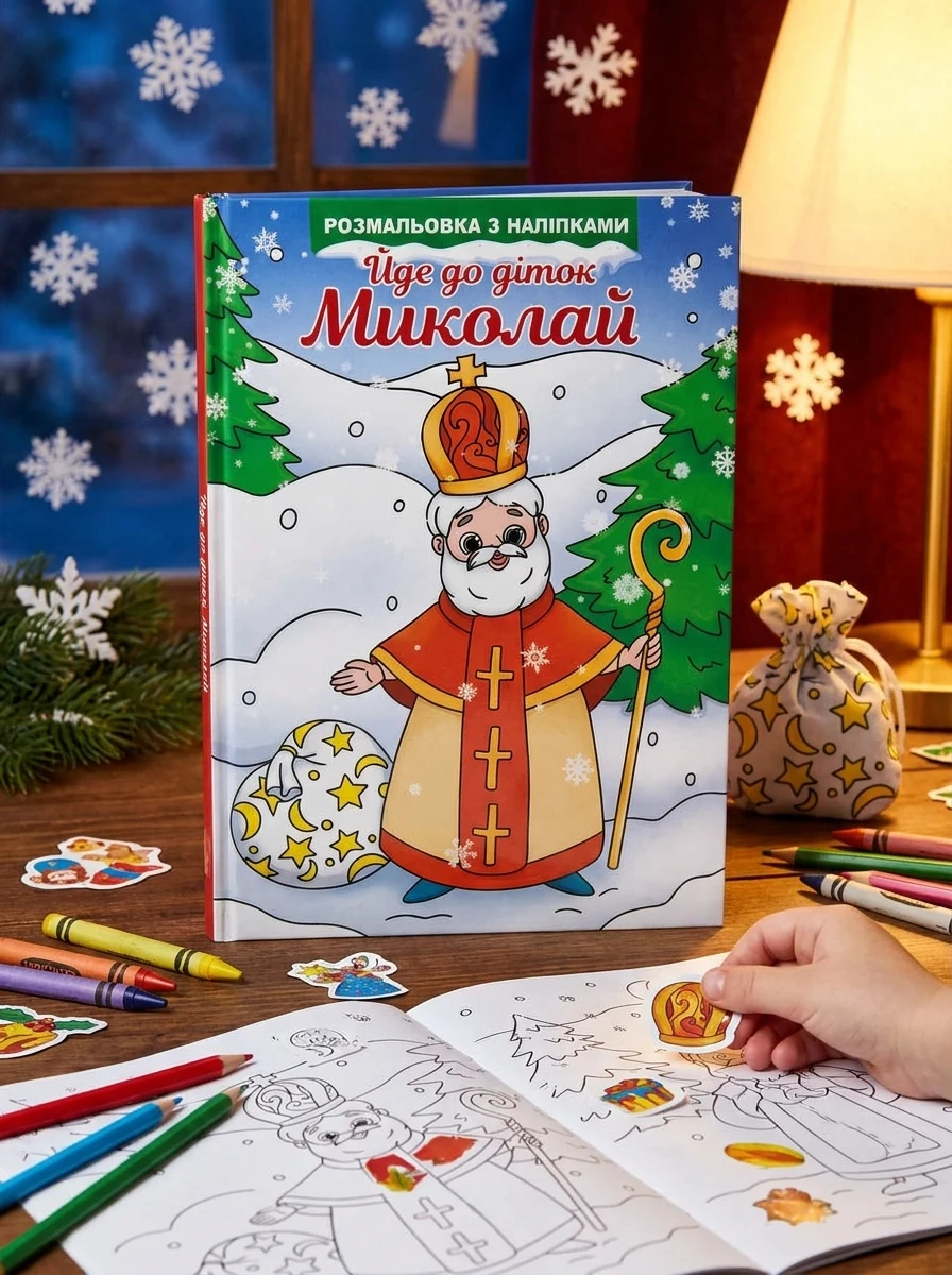 Йде до діток Миколай. Розмальовка з наліпками — Книги з наліпками