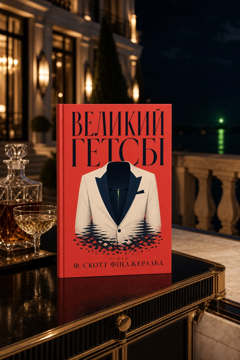 Великий Гетсбі — книга в розкішній сцені вілли біля затоки